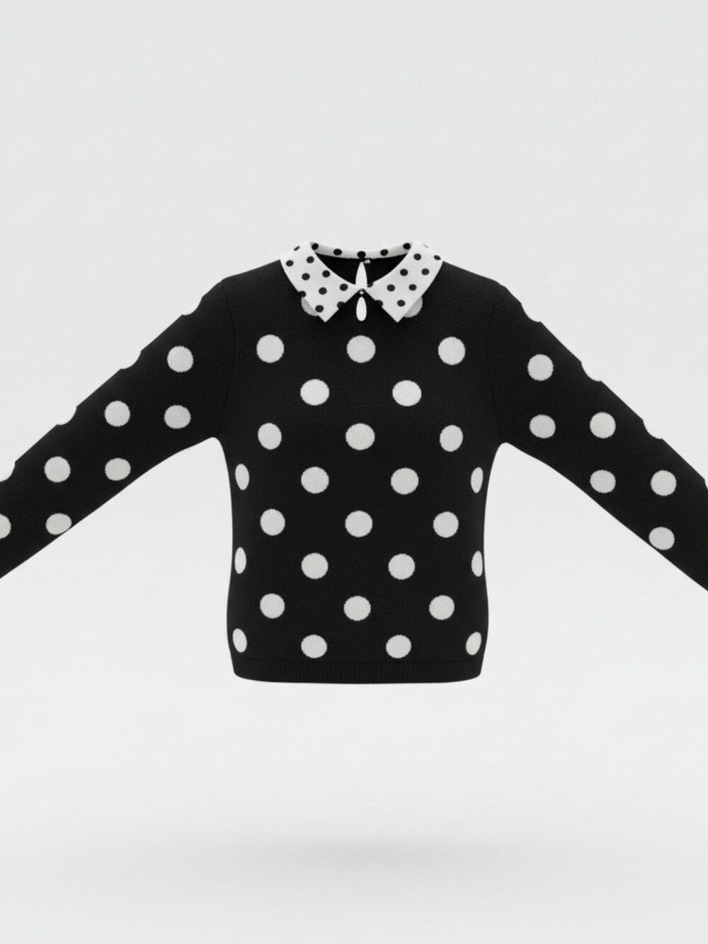 Calligraphie Polka Dot Sweater Black White Peter Pan Collar Women M